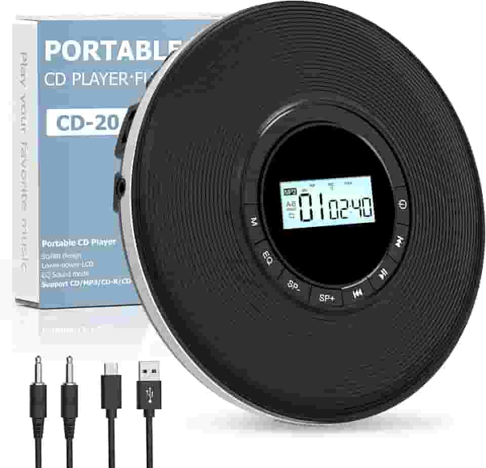 Sunoony Leitor de CD Walkman, leitor de CD portátil para carro, leitor de CD Disman pessoal com conector de fone de ouvido, visor LCD, anti-salto, cabo auxiliar/slot TF, 2 pilhas AA ou fonte tipo C