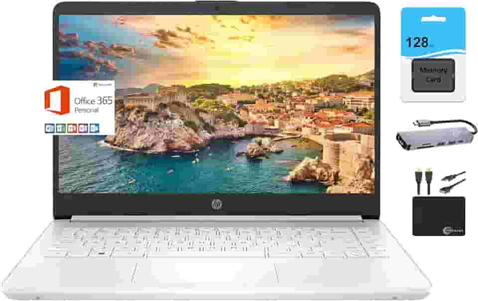 HP Novo laptop fino HD de 14 polegadas para estudantes, quad-core Intel N4120, 8 GB de RAM, 192 GB (cartão eMMC de 64 GB + cartão de 128 GB), webcam, Wi-Fi, bateria longa, Windows 11S + 1 ano de