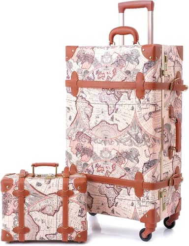 Conjunto de 2 malas vintage, mala de viagem retrô com rodas para homens e mulheres, lindo conjunto de bagagem de viagem com bolsa de embarque, bagagem sem zíper aprovada pela TSA, Estampa de