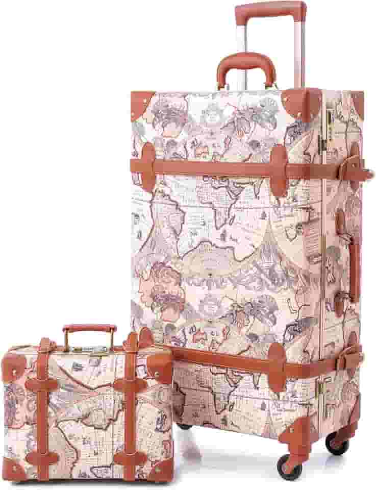 Conjunto de 2 malas vintage, mala de viagem retrô com rodas para homens e mulheres, lindo conjunto de bagagem de viagem com bolsa de embarque, bagagem sem zíper aprovada pela TSA, Estampa de