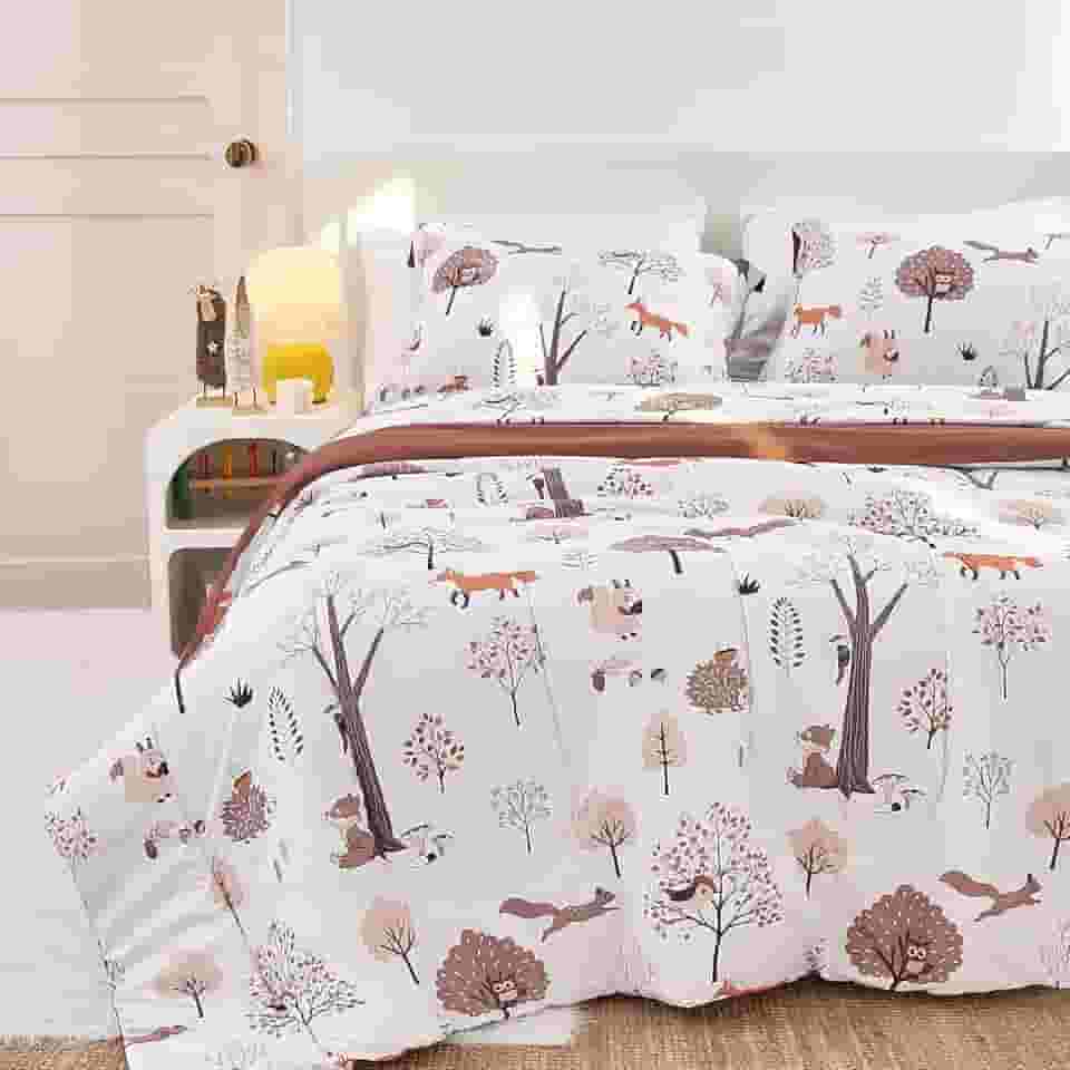 Yibeizi Conjunto de edredom infantil para meninos e meninas, com estampa de animais da floresta, com fronha, leve, macio, respirável, 3 peças