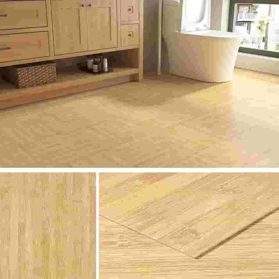 Livelynine Pegue e cole azulejo de madeira com aparência de bambu azulejos à prova d'água para pisos de vinil 30,5 x 30,5 cm 4 folhas de madeira natural laminado adesivos de piso amigáveis para