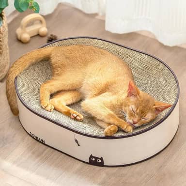 Conlun Cama oval para arranhar gatos, tábua de arranhar 2 em 1, papelão ondulado natural, base selada, detritos, móveis sem montagem, cores elegantes combinam qualquer decoração de casa