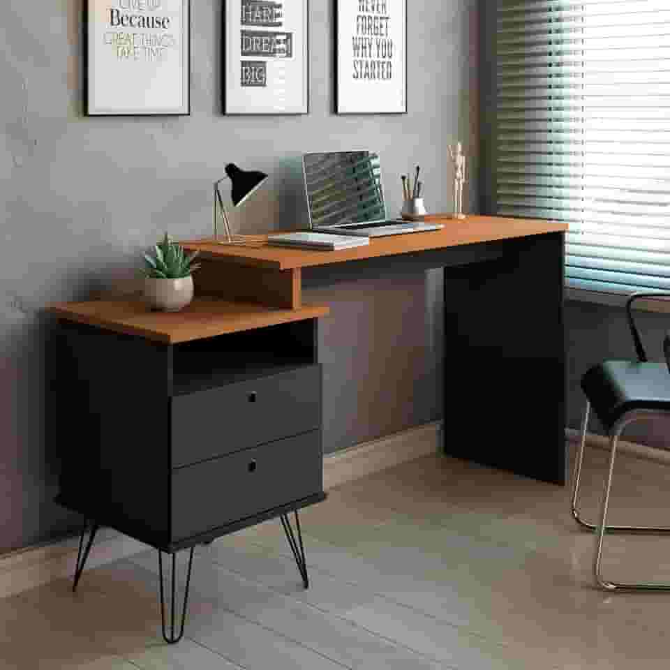 Escrivaninha Industrial com Regulagem de Tamanho, Pés de Metal, 2 Gavetas - Plus Artany - Preto com Freijó