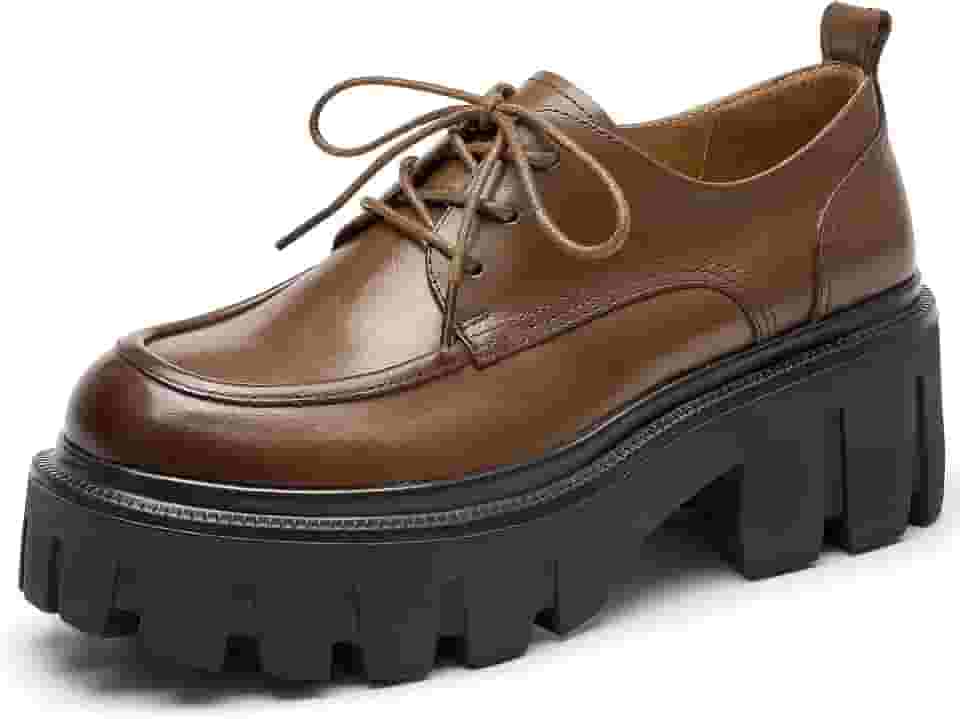 Sapatos femininos de couro perfurado com cadarço Beau Today Oxfords grossos