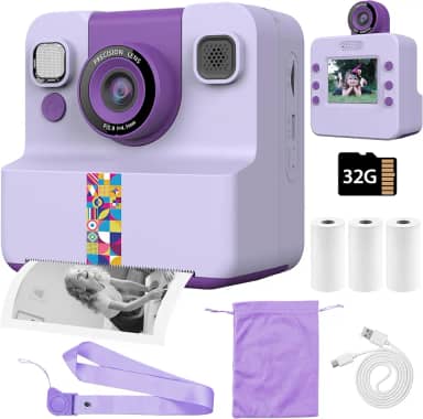 Jusoney Câmera infantil com impressão instantânea, lente flip de 180°, câmera digital selfie HD, presente de aniversário de Natal para meninos e meninas de 3 a 12 anos, câmera infantil com 3 rolos de