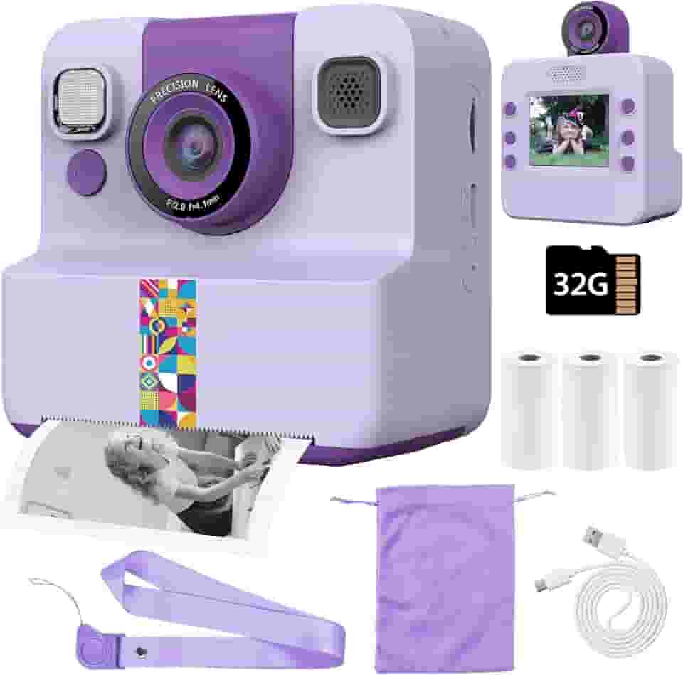 Jusoney Câmera infantil com impressão instantânea, lente flip de 180°, câmera digital selfie HD, presente de aniversário de Natal para meninos e meninas de 3 a 12 anos, câmera infantil com 3 rolos de