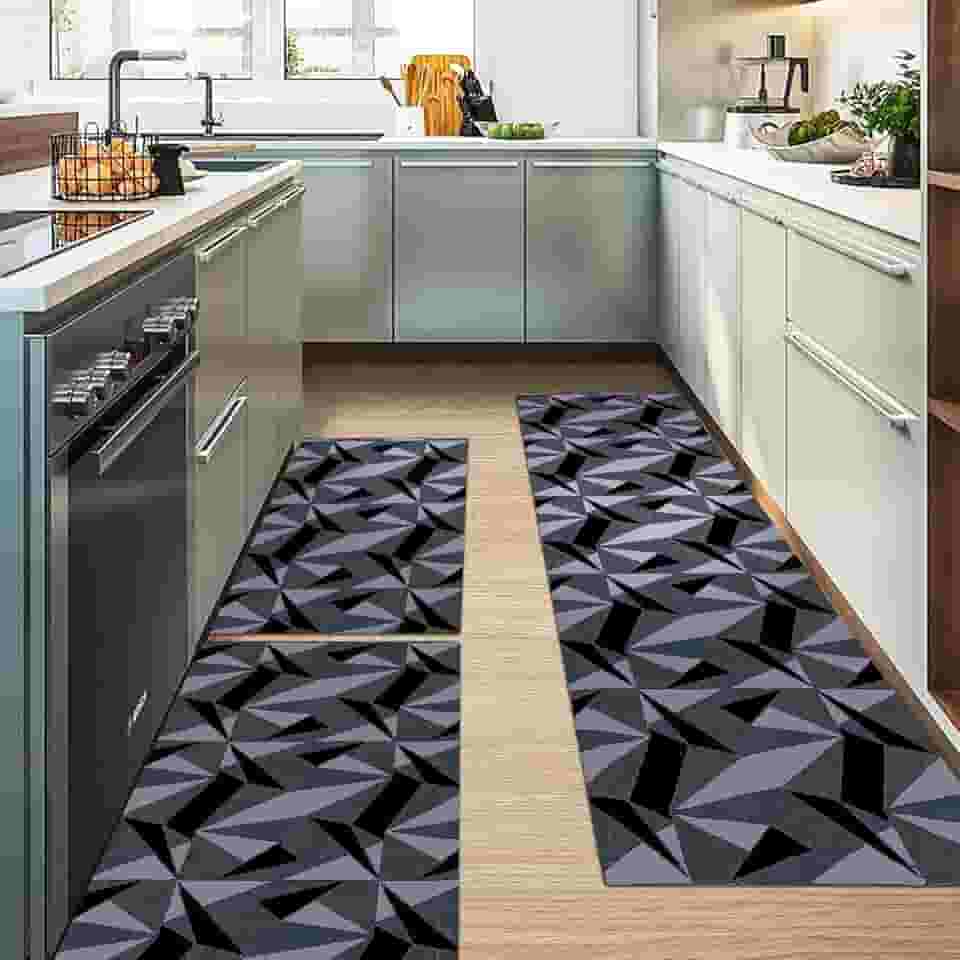tapetes cozinha antiderrapante geométrico - jogo 3 peças (Bicchiere preto e cinza)
