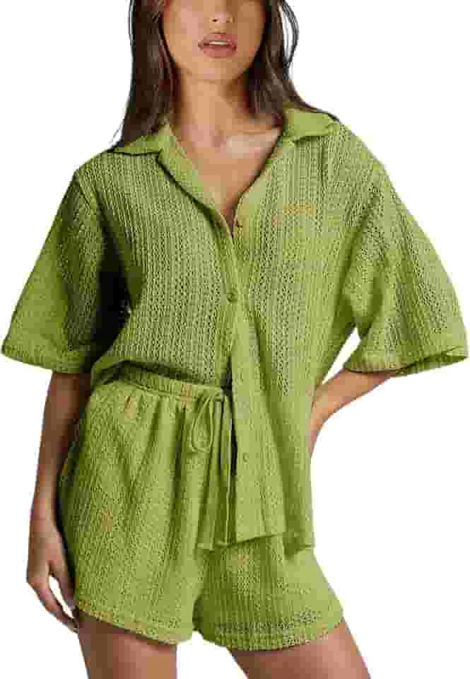 Conjunto de 2 peças de saída de praia de crochê para mulheres com meia manga vazada