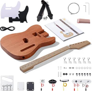 Leo Jaymz Kits de guitarra elétrica estilo TL DIY com corpo de mogno e pescoço de bordo - escala de bordo e todos os componentes incluídos (TL)