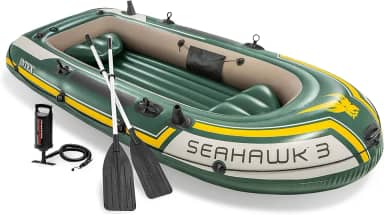 Intex Seahawk Conjunto de barco inflável resistente para 3 pessoas com 2 remos de alumínio, bomba de ar de alta saída e bolsa de transporte, verde/amarelo