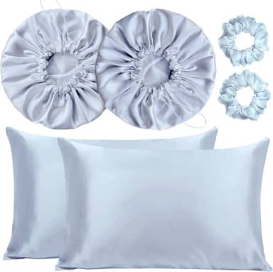 Kit 2 Fronha De Cetim Seda + 2 Toucas + 2 Xuxinhas (Prata)