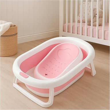 PIPDIP Kit Banheira Dobrável 2 em 1 para Bebê, Capacidade de até 44 Litros, Com Encosto, Portátil, Plástico e Borracha, Branco e Rosa.