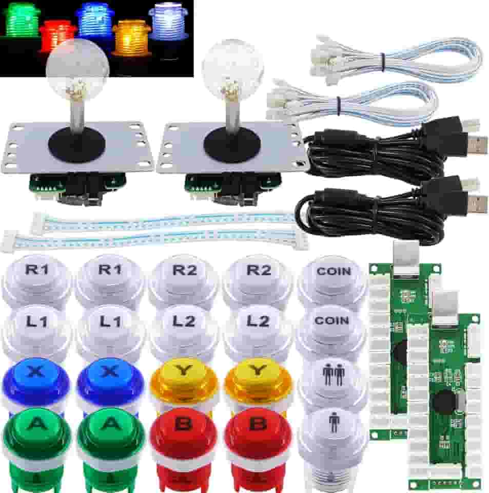 SJ@JX Controle de jogo Arcade 2 Player Kit DIY Botões LED com logotipo MX Microswitch 8 Way Joystick USB Codificador Cabo para PC MAME Raspberry Pi Color Mix