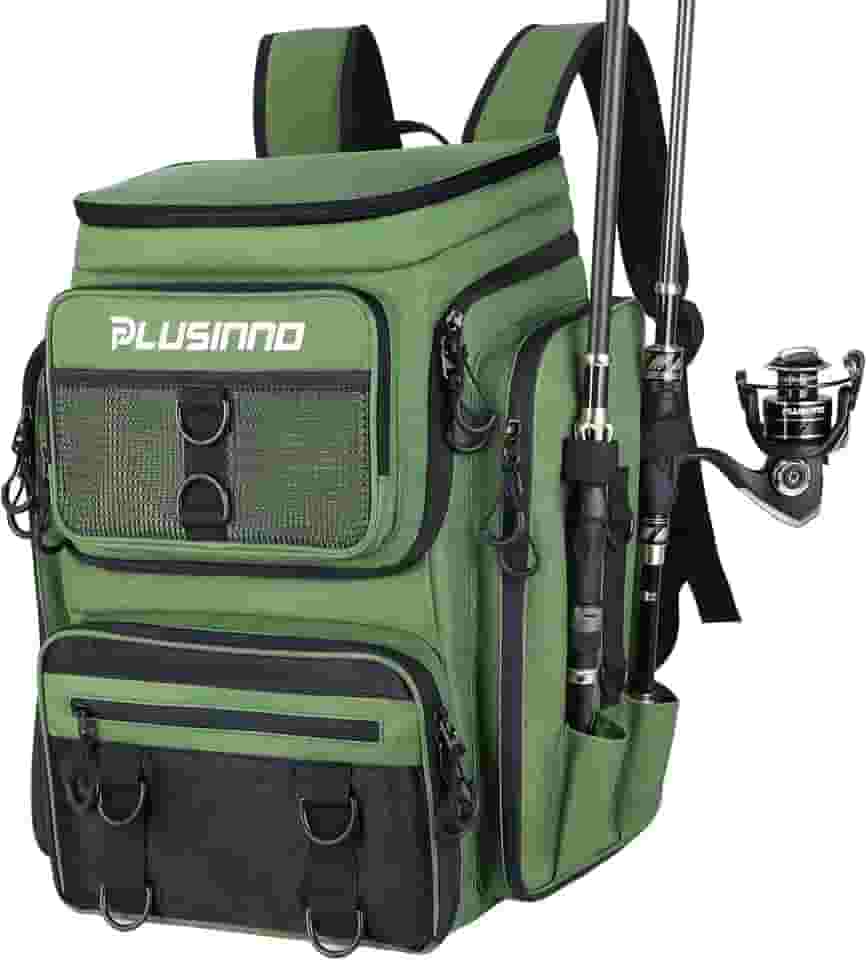 PLUSINNO Mochila de pesca com caixa de equipamentos de suporte de vara, grande 42L resistente à água, bolsa de equipamentos de pesca, loja de equipamentos de pesca