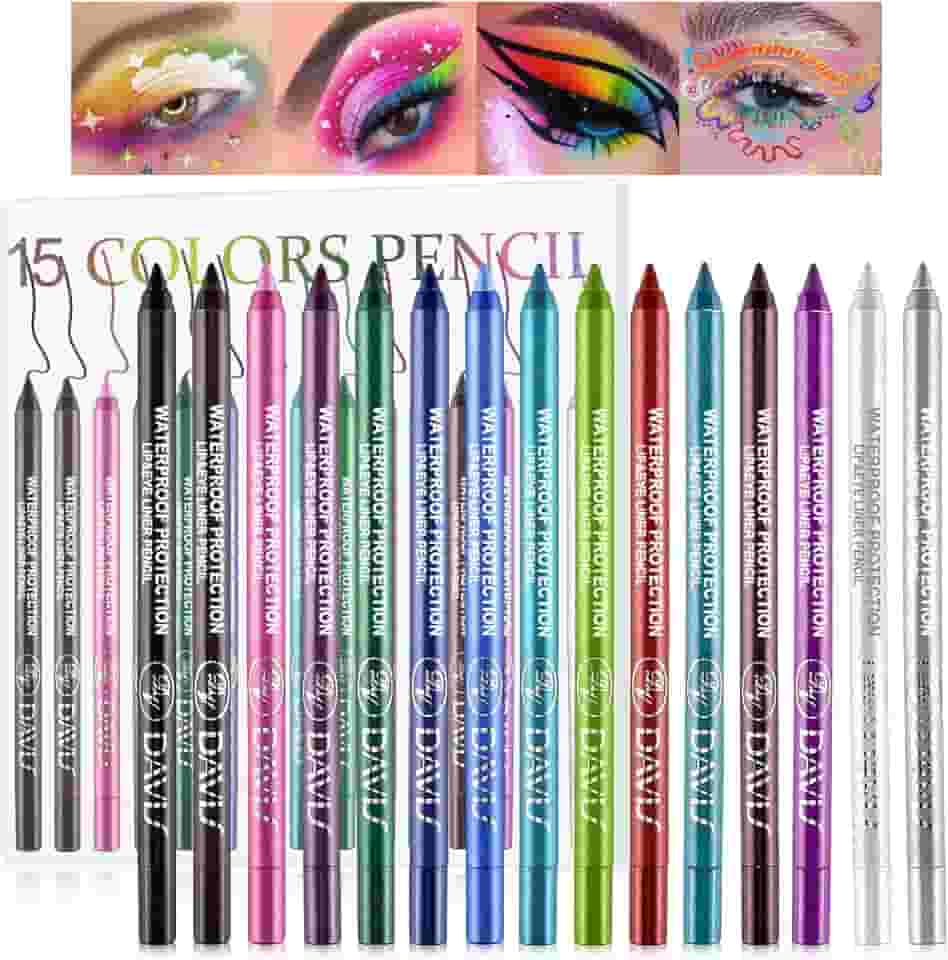 Conjunto de 15 canetas delineadoras coloridas, lápis de sombra, kit de delineador de pérolas, delineador de olhos metálicos com glitter colorido para mulheres, delineador de olhos e lábios, maquiagem