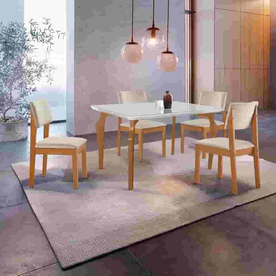 Conjunto Sala de Jantar Mesa Tampo Vidro/mdf com 4 Cadeiras Marialice Castanho Cinamomo/Creme/Off White