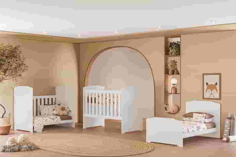 Berço Multifuncional 3 Em 1 Em MDF Vira Cama E Mini Sofá Suporte Para Mosquiteiro