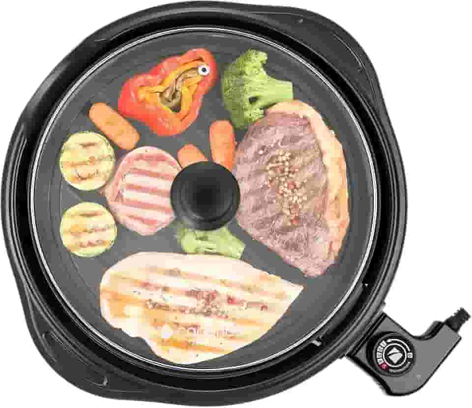 Grill Elétrico Redondo Premium, Preto, Antiaderente, Com Tampa de Vidro, Temperatura Ajustável, Base Coletora de Gordura, Ideal para Grelhar, Fritar e Assar, 220V