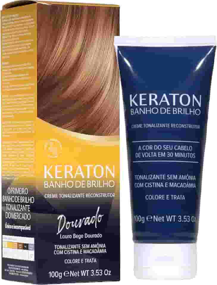 Keraton, Banho de brilho, Creme tonalizante reconstrutor, Sem amônia, Com cistína e macadâmia, Trata e colore, 100g, Dourado, Louro bege dourado