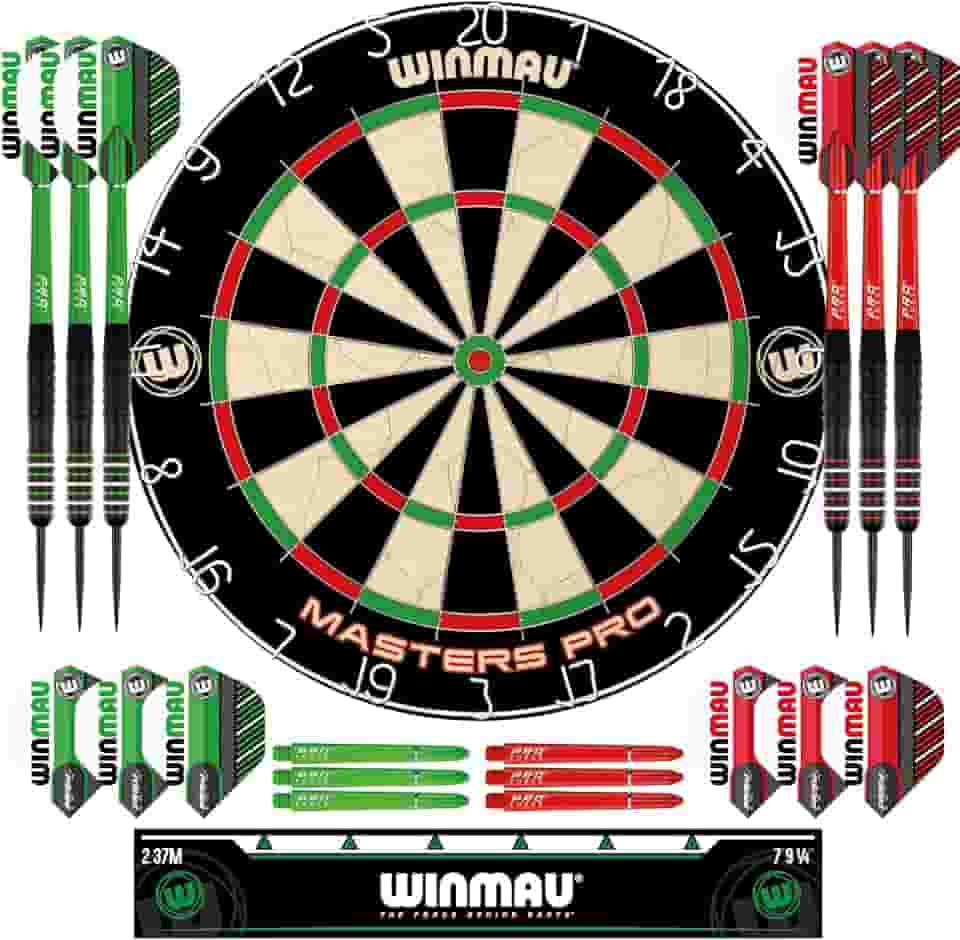 Winmau Conjunto de dardos Masters Pro Premium com cerdas – Inclui dardos e dardos de dardos, voos, eixos e faixa Oche – dardos profissionais com ponta de aço e placa de dardos para adultos