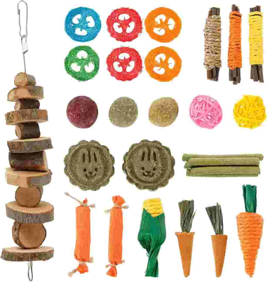 28 peças de brinquedos para mastigar coelho, madeira natural segura, conjunto de mastigar hamster, palitos de feno timothy cenouras brinquedo de mastigar madeira para coelhos, chinchila