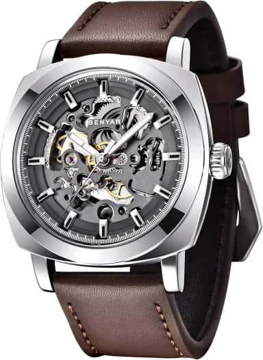 Benyar Relógios masculinos automáticos, pulseira de couro, esqueletizado, mecânico, mostrador de 45 mm, 30 m à prova d'água, presente elegante masculino