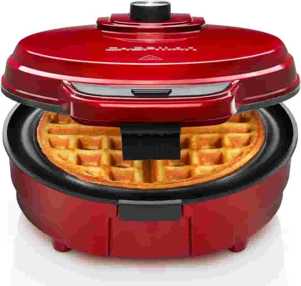 Chefman Máquina de waffles belga antitransbordamento com seletor de sombra, controle de temperatura, fosso, ferro redondo com placas antiaderentes e alça de toque frio, copo de medição incluído, vermelho