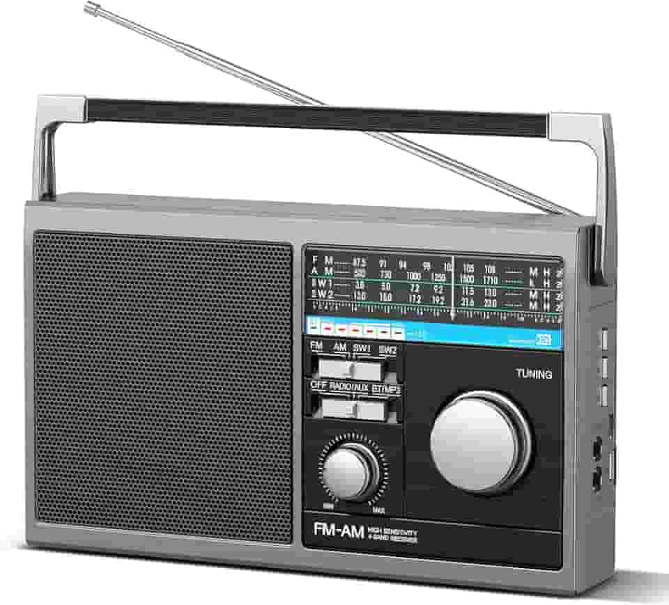 Rádio AM FM portátil, rádio transistor de ondas curtas com melhor recepção, operado por bateria ou retro, alimentação CA, com alto-falante Bluetooth grande, entrada auxiliar de cartão USB TF, para