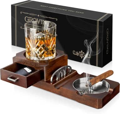Cinzeiros de charuto, bandeja de vidro para uísque e cinzeiro de madeira removível para uso externo para cigarros, conjunto de presente com cortador de charutos, ótima decoração para presentes