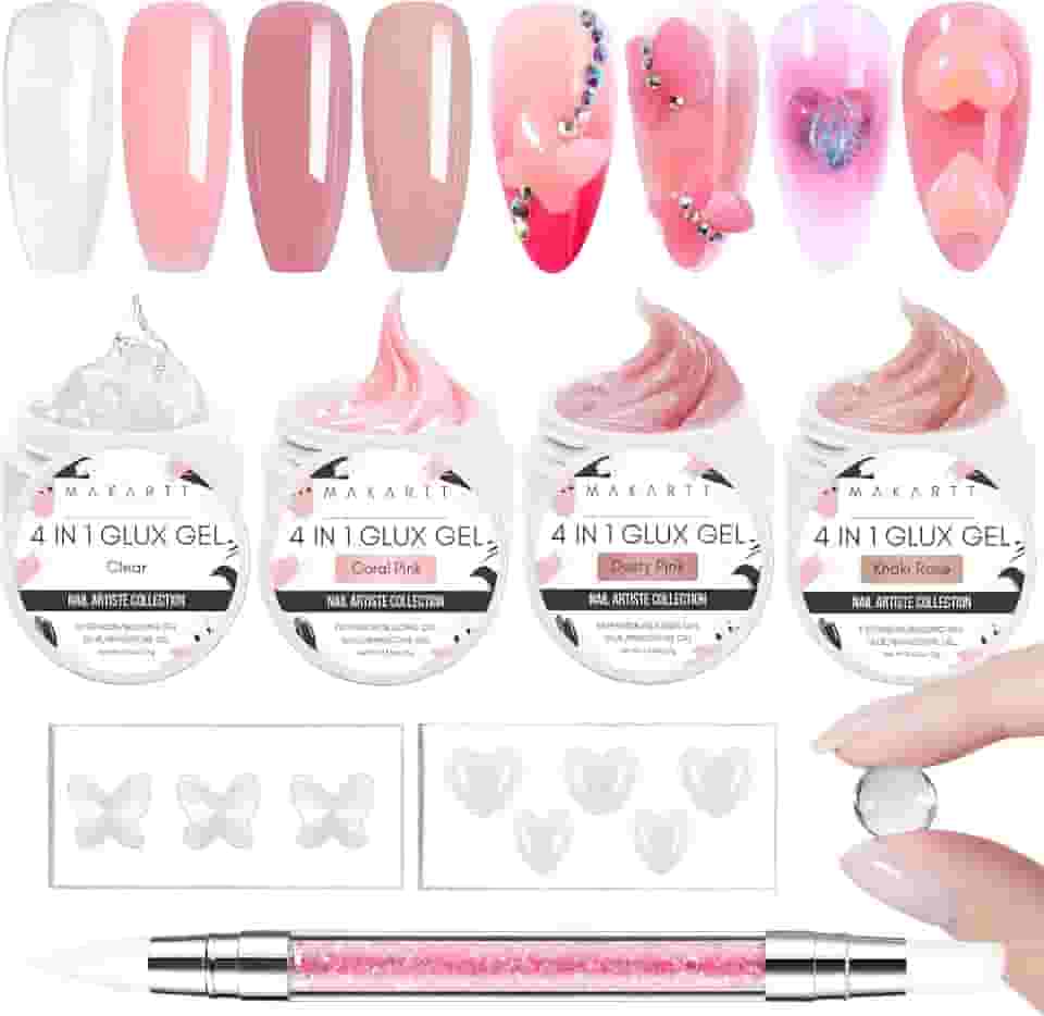 Makartt Arte em gel de unha 3D: manicure DIY esculpida em gel 3D, kit iniciante de géis sólidos para unhas, rosa nude transparente 4 cores para extensão, moldagem de géis duros com moldes de silicone