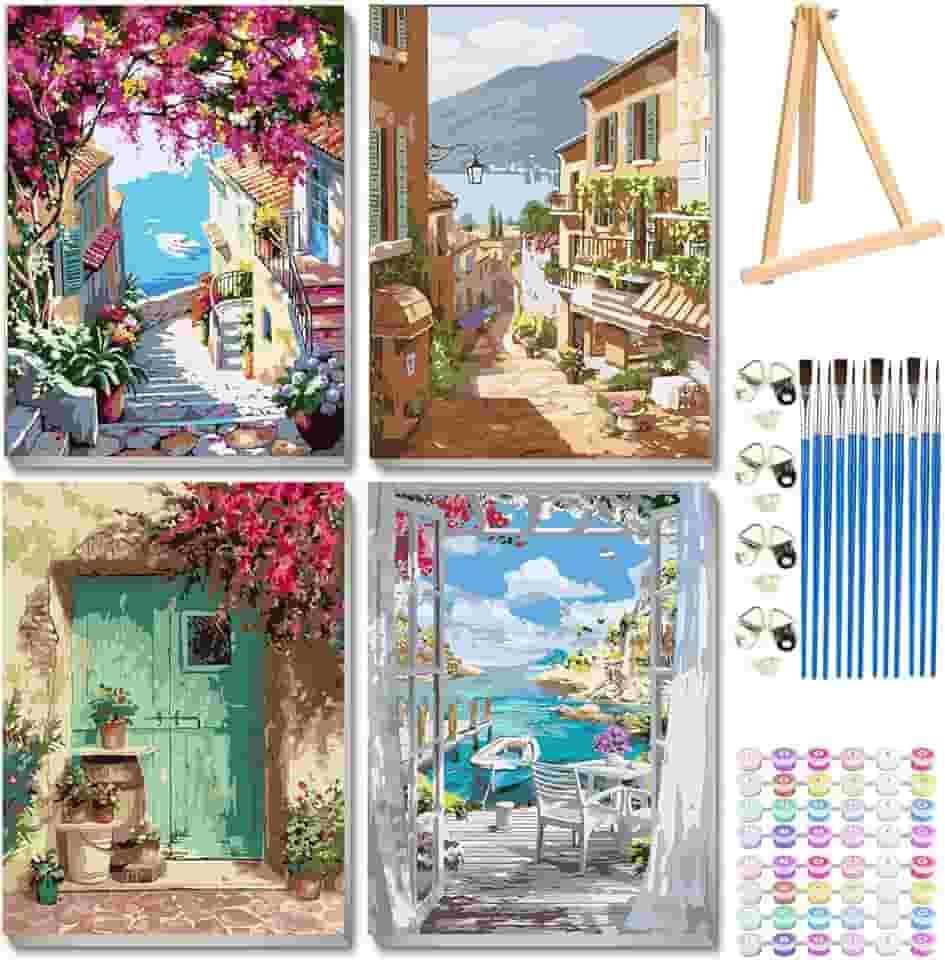 VIGEGU Pacote com 4 kit de pintura por números para adultos iniciantes emoldurado - com cavalete de madeira, pintura de porta de paisagem à beira-mar por números com moldura, faça você mesmo, kits de