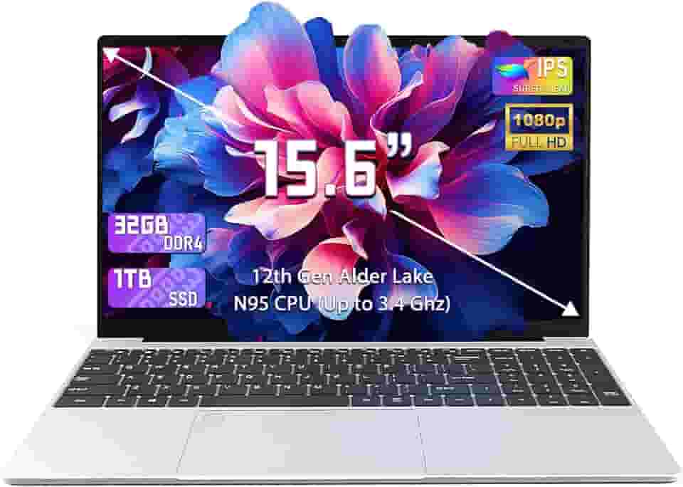 OMSERVB Laptop prata de 15,6 polegadas, N95 de 12ª geração (até 3,4 GHz), RAM DDR4 32G, SSD NVME de 512 GB, Win 11 Pro e Office 2019, bloqueio de impressão digital, notebook portátil com KB