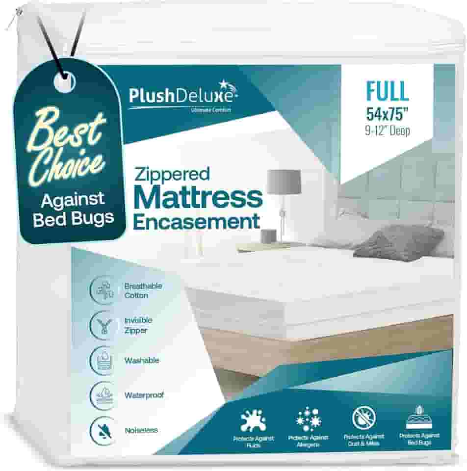 Revestimento de colchão premium com zíper 100% à prova d'água contra percevejos/ácaros e algodão hipoalergênico com superfície felpuda, protetor de colchão de 6 lados (serve para 23 cm a 30 cm) tamanho completo
