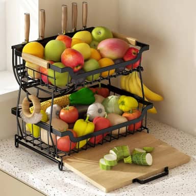 Fruteira de Mesa de 2 Andares, Cesta de Frutas com Tábua de Cortar, Cesta de Armazenamento de Frutas com Alça, Fruteira de Cozinha para Armazenar Verduras e Frutas