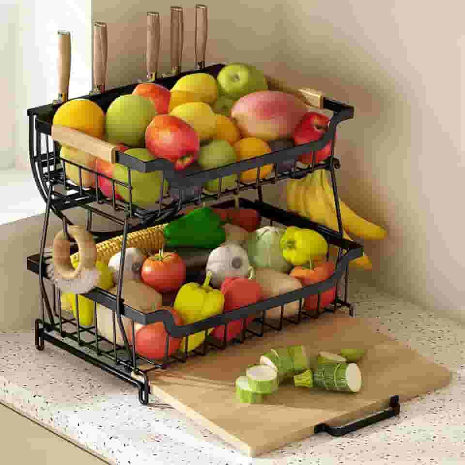 Fruteira de Mesa de 2 Andares, Cesta de Frutas com Tábua de Cortar, Cesta de Armazenamento de Frutas com Alça, Fruteira de Cozinha para Armazenar Verduras e Frutas
