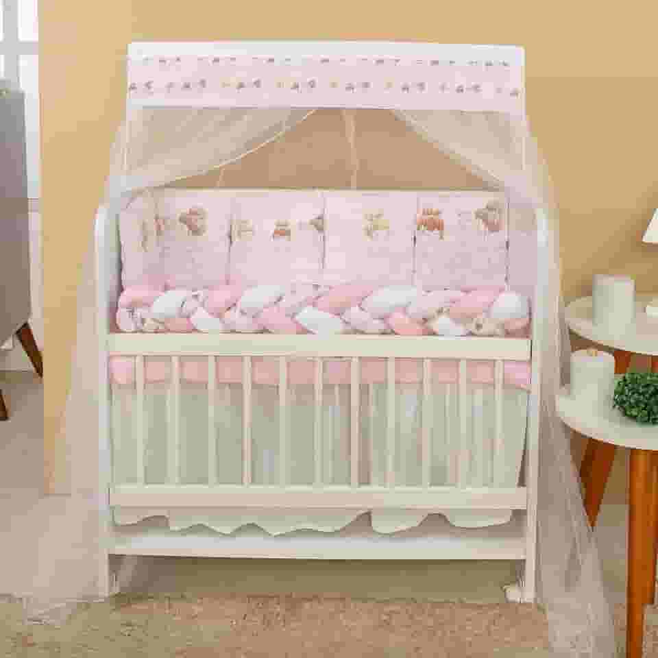 Kit Mini Berço Bailarina 13 Peças Protetor e Saia de Berço Rosa e Branco Estampa Delicada