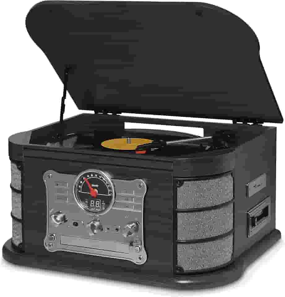 Vitrola Raveo Spazio Ebony com Toca-discos de 3 velocidades, Rádio FM, CD e Cassete players, USB e SD (reproduzem e gravam), entrada e saída auxiliares e tecnologia de conexão Bluetooth.