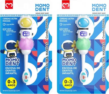 MOMODENT Escova de Dentes Infantil, Bebês para 0 a 3 Anos, Cerdas Extra Macias, Cabo com Design de Astronauta, Protege a Saúde das Gengivas (Verde+Rosa(2 unidades))