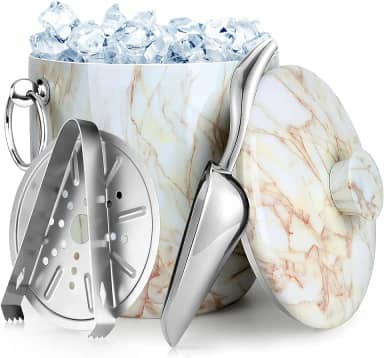 Balde De Gelo De Aço Inoxidável De 3 Litros Com Tampa, Colher, Pinça E Coador (Mármore)