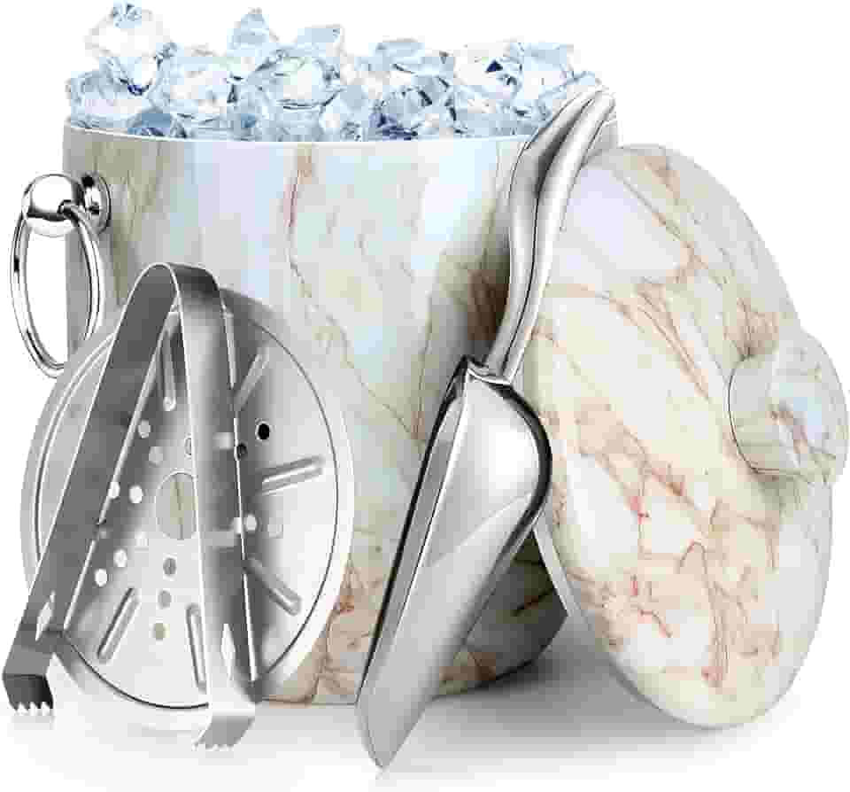 Balde De Gelo De Aço Inoxidável De 3 Litros Com Tampa, Colher, Pinça E Coador (Mármore)