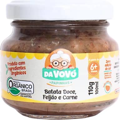 Da Vovó, Papinha Infantil, Linha +6, Orgânica, Sabor, Batata doce, Feijão e Carne, 100ml