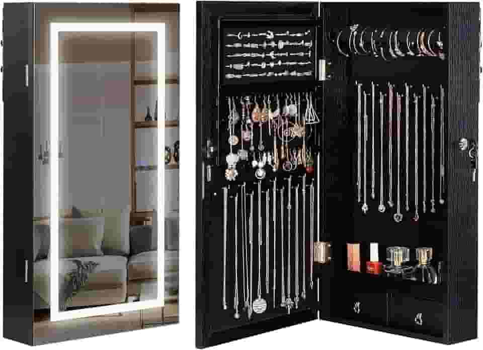 LAVIEVERT Armário de joias com espelho iluminado por LED, espelho sem moldura montado na parede/porta com 3 luzes coloridas, armário de joias bloqueável pendurado organizador de joias com 2 gavetas -