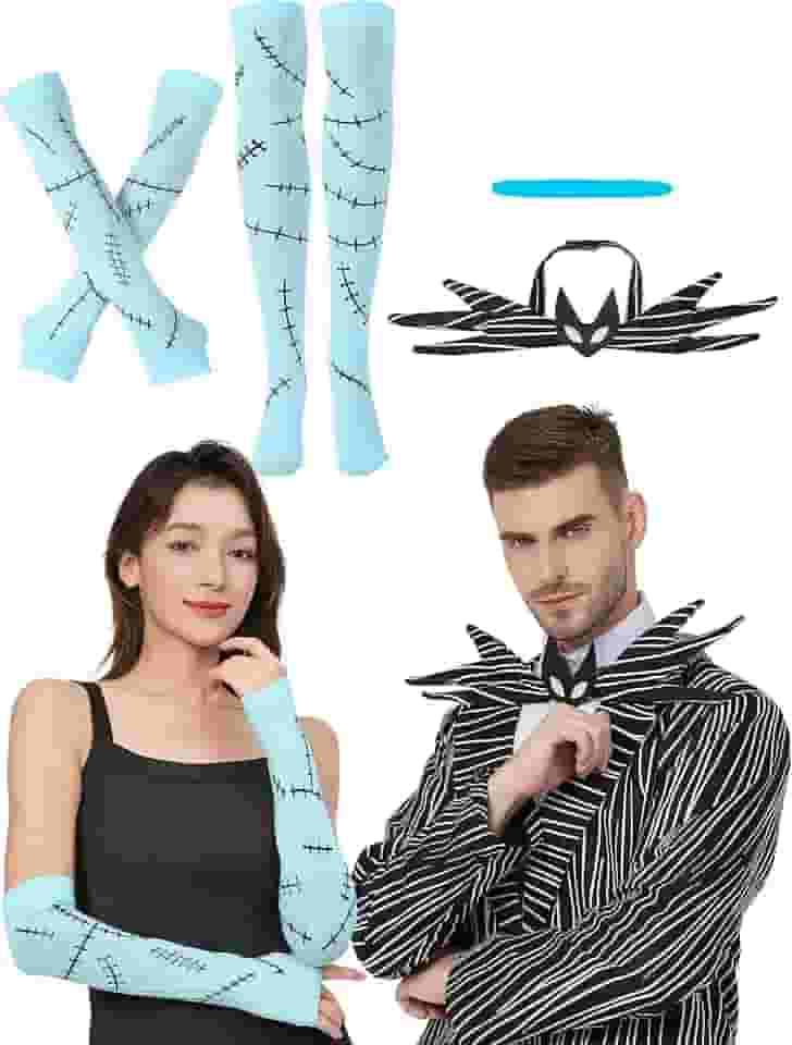 Fantasias de Halloween para casais acessórios incluem meias azuis claras costuradas para cicatrizes até a coxa, pintura de rosto azul, gola V, gravata borboleta para festa de cosplay de Halloween