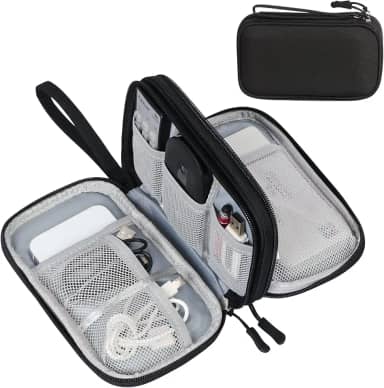 Organizador de acessórios eletrônicos FYY, bolsa organizadora de cabos, estojo de viagem impermeável, com duas camadas, bolsa de armazenamento multifuncional para cabos, carregadores, celular e fones, preto