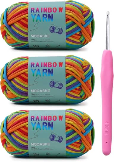 Pacote com 3 fios de crochê (3 x 50 g) com agulha de crochê - Fio médio penteado para crochê - Pontos fáceis de ver, mistura de algodão e nylon, fios de tricô para adultos e crianças