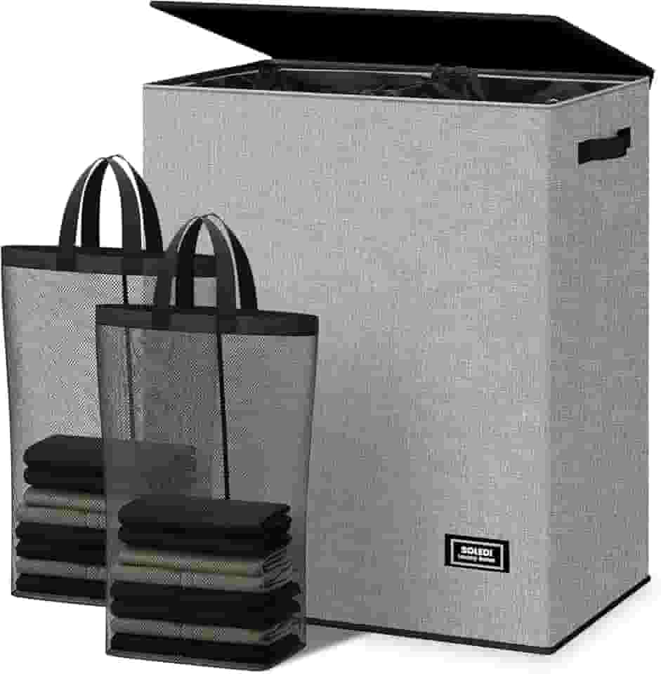 SOLEDI Cesto de roupa suja duplo com tampa e bolsa removível, cesta de roupa grande com 2 seções com alças, cestas de roupas sujas dobráveis para lavanderia, quarto, dormitório, faculdade