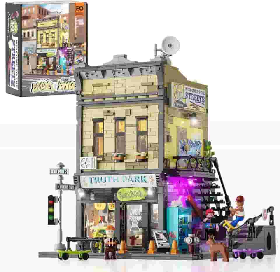 FUNWHOLE Skate-Shop Lighting Building-Bricks Set - Street Fusion City Skate Store Collection LED Light Modular Building Kit 1573 Pcs for Adults and Teen