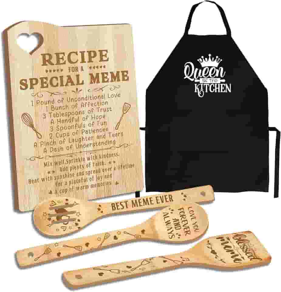 Presentes de meme de dia das mães, presente para meme para avó, tábua de corte de madeira com conjunto de utensílios de cozinha com avental, presente de meme de dia das mães do conjunto de cozinha