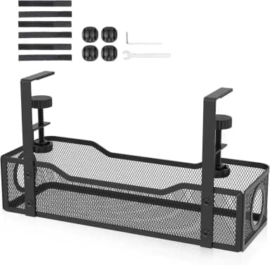 Bandeja de gerenciamento de cabos sob a mesa, organizador de cabos de malha de aço sem broca, com braçadeira, organizador de cabos de policarbonato para escritório e casa, cabe em mesas de até 7,6 cm